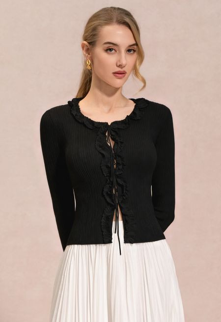 Self-Tie Front Ruffle Trim Ribbed Knit Top in Black for Brunch Dates & Picnics | Chicwish