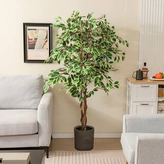 5 ft. Green Artificial Ficus Tree Tall Faux Indoor Plant with 1008 Leaves Nursery Pot and Dried M... | The Home Depot