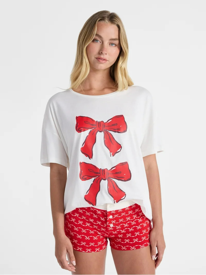 No Boundaries Sleepwear Cotton Tee and Boxer Shorts Set, 2-Piece, Women’s | Walmart (US)