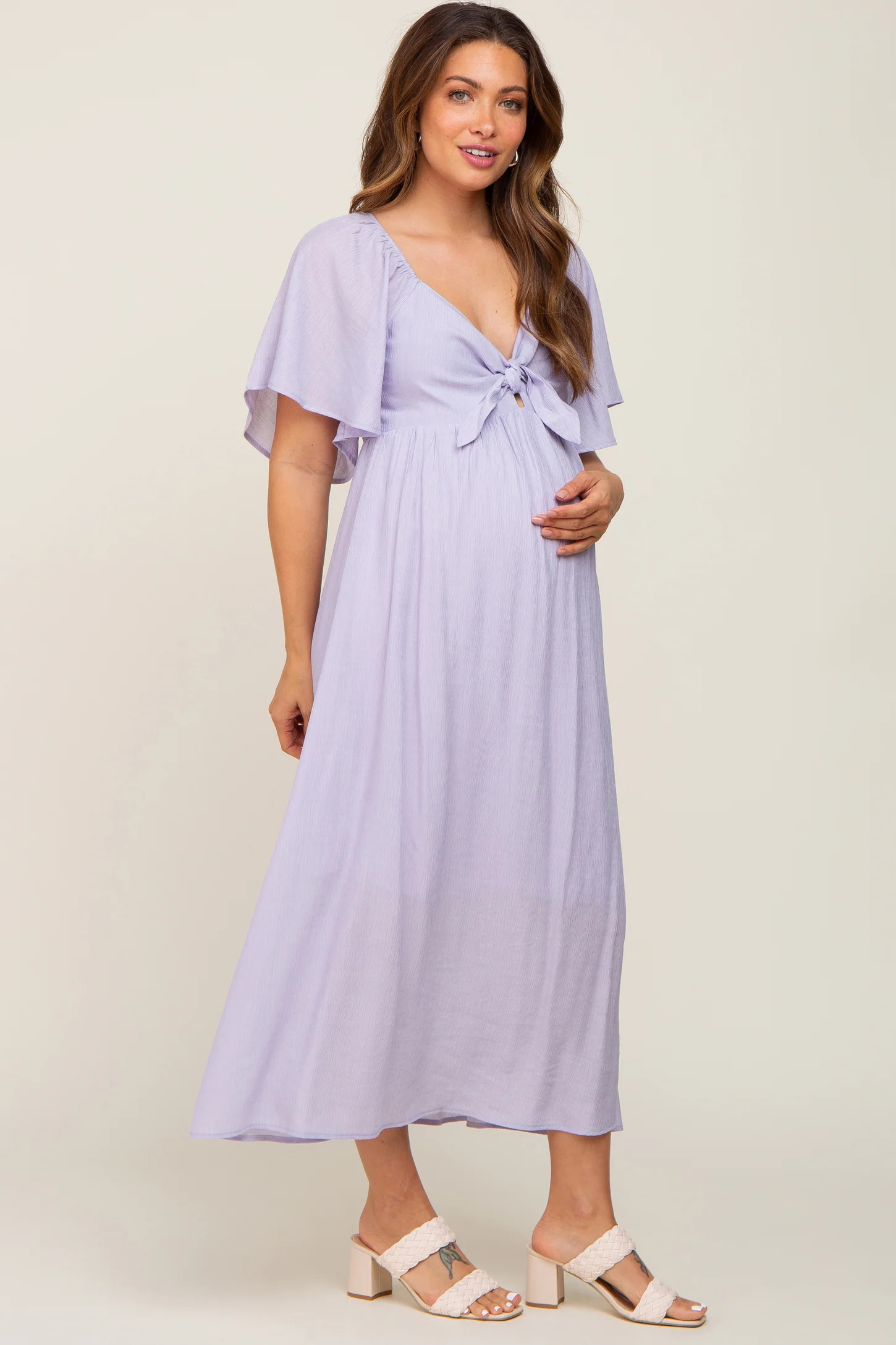 Peach Front Tie Ruffle Sleeve Maternity Midi Dress | PinkBlush Maternity