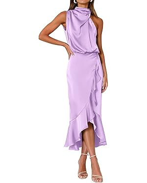 KIRUNDO Women 2026 Spring Summer Satin Mock Neck Wedding Guest Party Cocktail Midi Dress Sleevele... | Amazon (US)