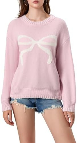 Women Bow Sweater Y2k Crewneck Long Sleeve Knitted Pullover Teen Girls Oversized Sweaters Cute Fa... | Amazon (US)