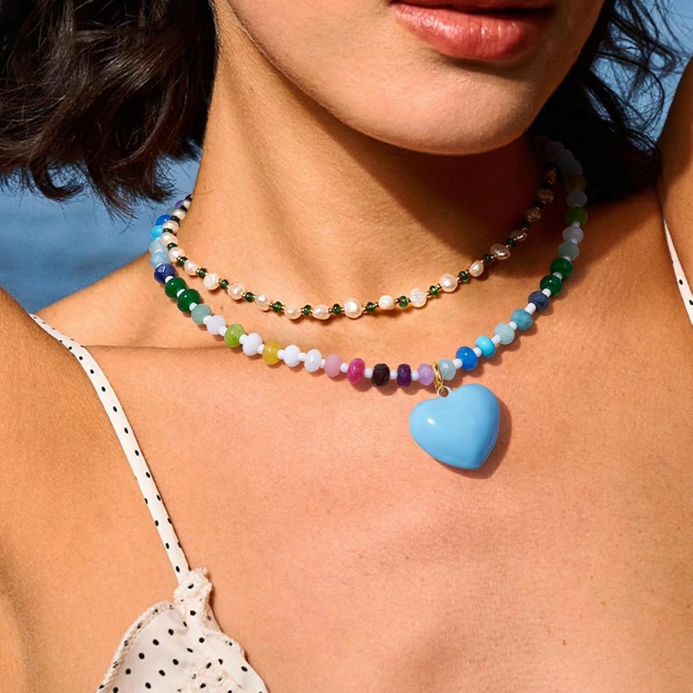 KissYan Beaded Necklaces for Women, Colorful Boho Bead Choker With Bubble Puffy Heart, Natural St... | Amazon (US)