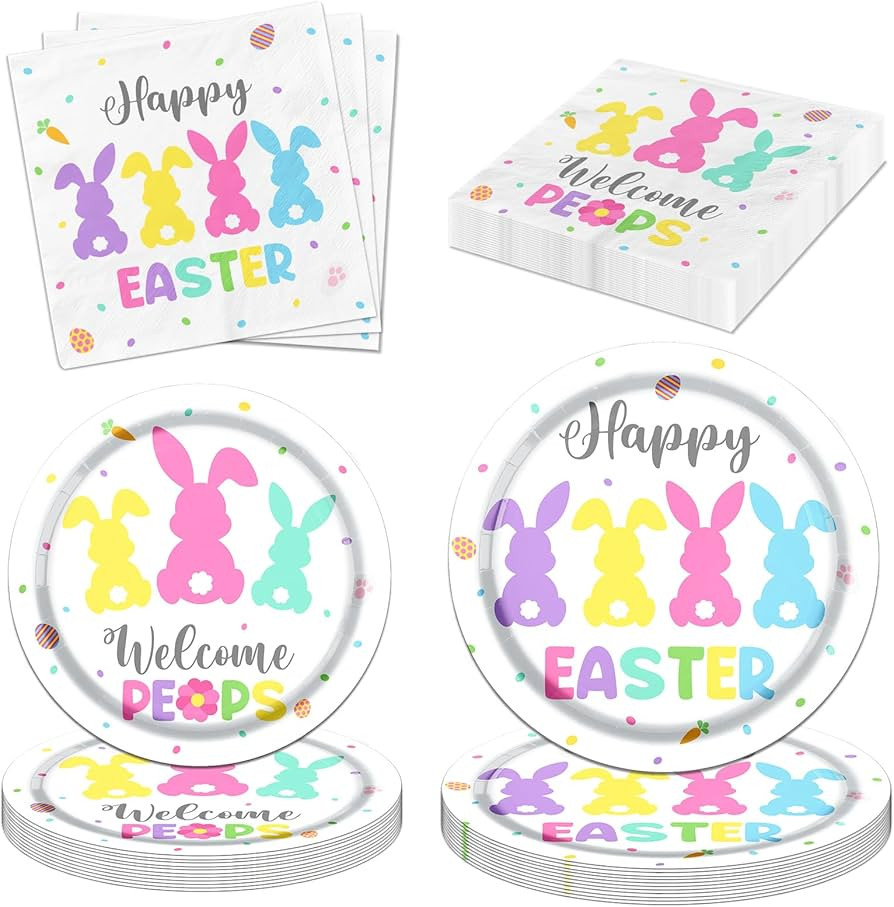 Easter Plates and Napkins, Happy Easter Party Decorations Colorful Bunny Paper Plates Napkins for... | Amazon (US)