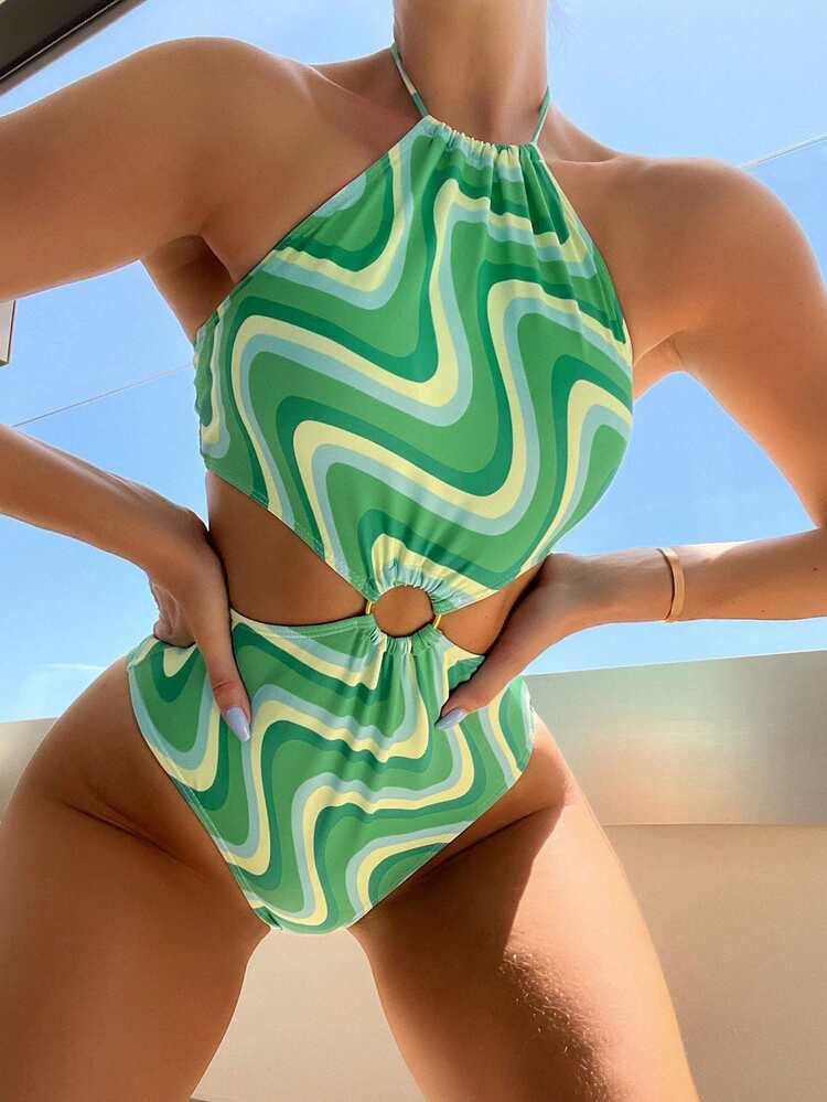 Wave Striped O-ring Cut Out Tie Backless Halter One Piece Swimsuit | SHEIN