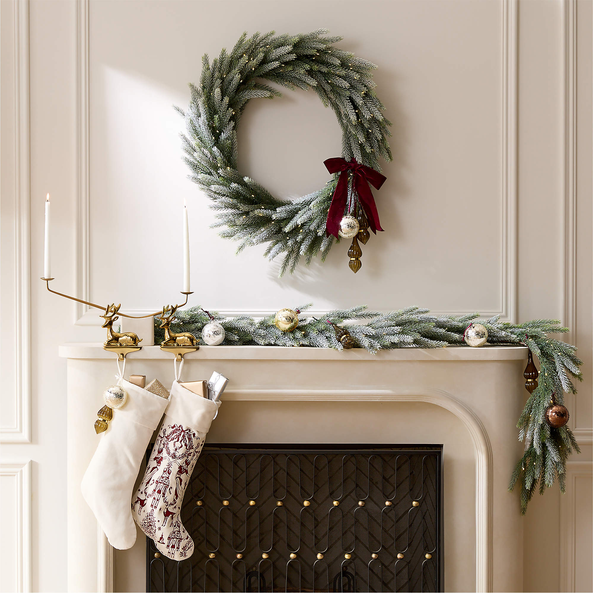 Faux Downswept Pine Pre-Lit LED Holiday Wreath with Warm White Lights 30" | CB2 | CB2