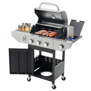 3-Burner Propane Gas Grill in Stainless Steel with Side Burner and Condiment Rack and Built-in Thermometer | The Home Depot
