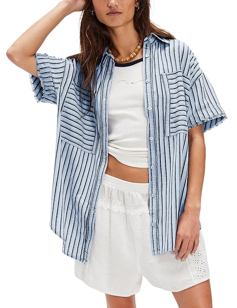 Womens Striped Button Down Shirts Casual Collared Short Sleeve Blouses Tops | Amazon (US)