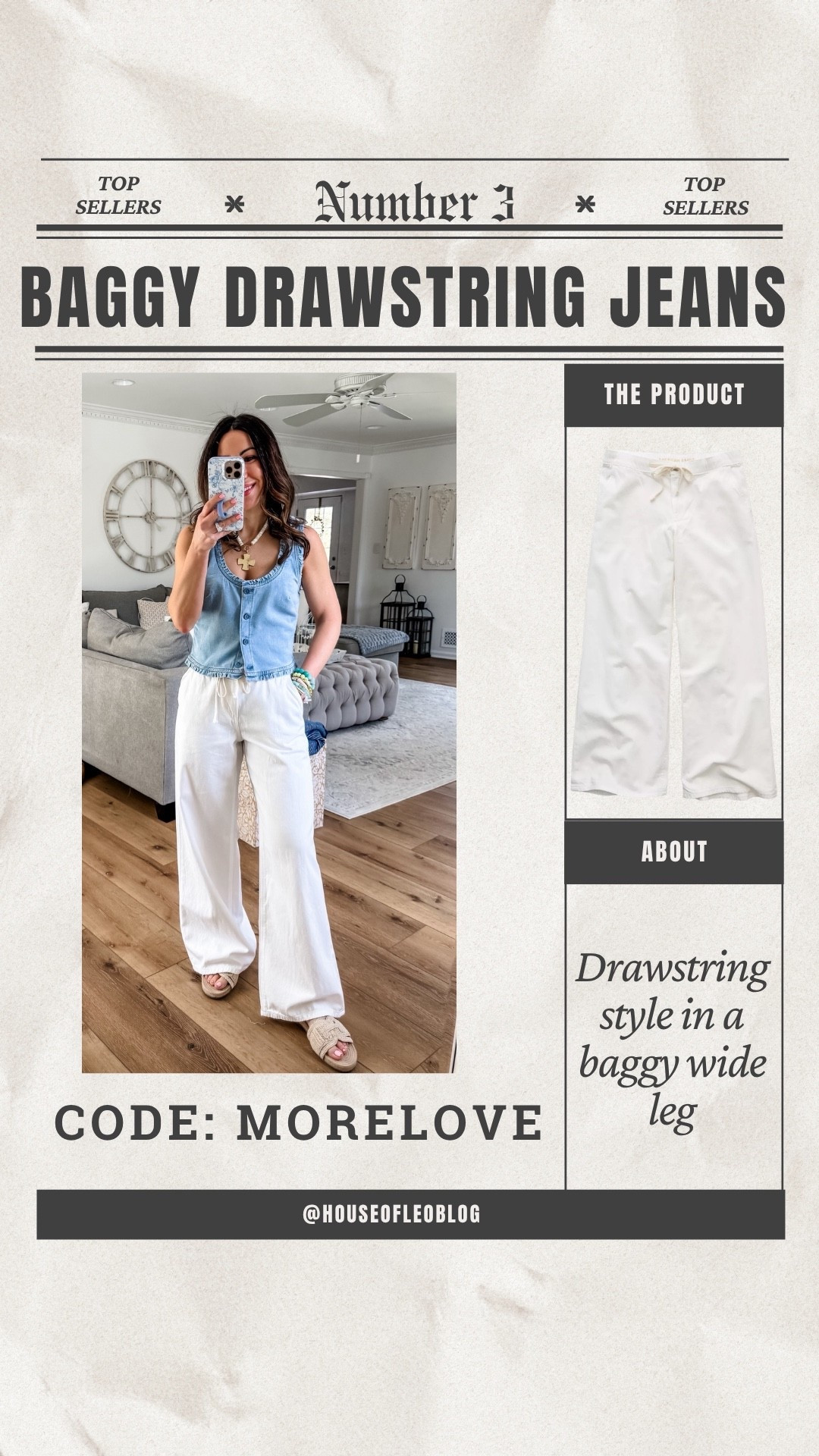 Code MORELOVE. Xs wide leg jeans. Small denim tank. Drawstring, jeans, baggy, jeans, white jeans, white denim.

#LTKPetite #LTKSaleAlert #LTKOver40