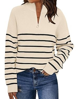 LILLUSORY Women's Fall Striped Oversized 2023 Pullovers Sweaters Half Zipper Casual Knit Tops | Amazon (US)