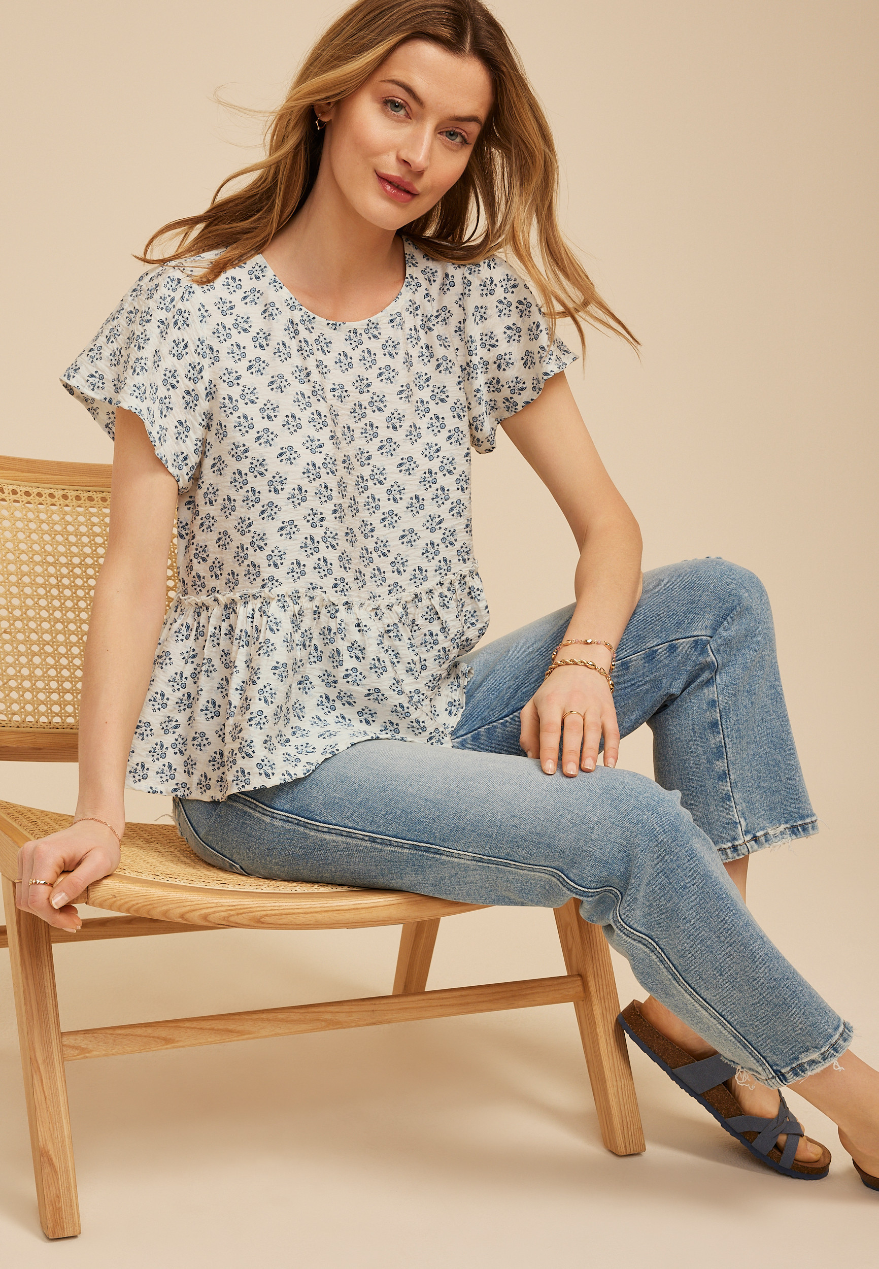 Maurices Women's Floral Print Peplum Flutter Sleeve Top | Maurices