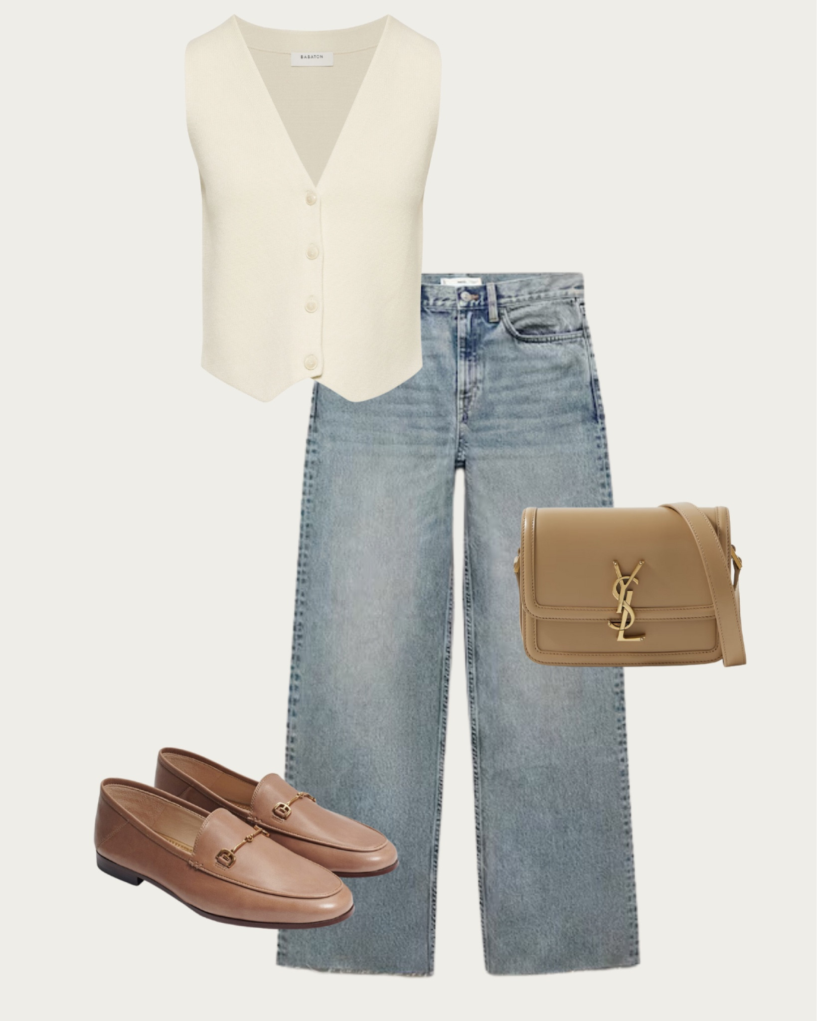 Embrace simplicity with this sophisticated ensemble featuring a casual white vest and classic blue jeans. The look is completed with tan loafers and a matching crossbody bag for a harmonious blend of comfort and style. Ideal for a chic weekend outing or a casual office day. Tap the link to shop this look on my LTK account! #MinimalistWardrobe #EffortlessChic #DenimAndWhite #LTKworkwear

#LTKU #LTKstyletip #LTKworkwear