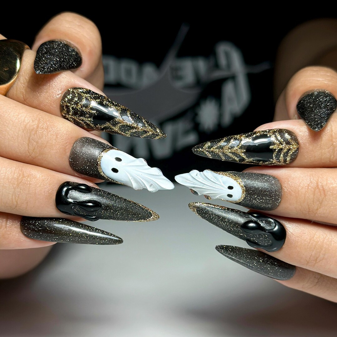 Black Gold Ghost Press On Nails | 3D Halloween Nail Art | Spooky Stiletto Fake Nails | Handmade D... | Etsy (US)