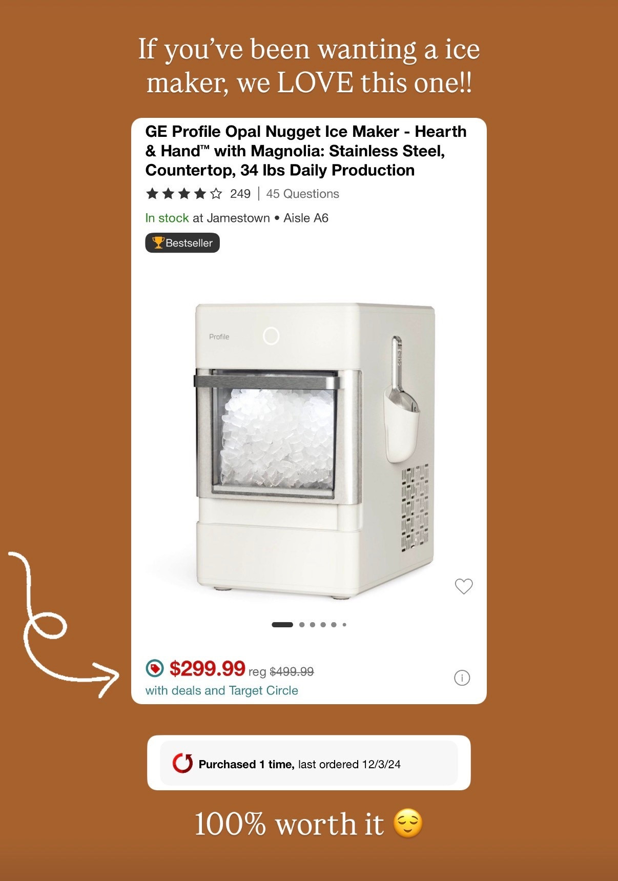 Our favorite ice maker is on BIG SALE!! 🧊🧋🤎😍

🚨 TODAY ONLY DEAL!
If you’ve been dreaming of nugget ice at home — this is the one everyone’s obsessed with 🧊✨

We have the GE Profile Opal Nugget Ice Maker – Hearth & Hand™ with Magnolia and it’s 100% worth it. Makes the soft, crunchy Sonic-style ice you can’t stop eating 😋

✅ 34 lbs of ice per day
✅ Countertop size — perfect for kitchens, coffee bars + home bars
✅ Sleek Magnolia design (goes with everything)
✅ $299.99 (reg. $499.99) — today only at Target!

If you’ve been wanting an ice maker that actually looks pretty on your counter — this is it 🤍

#IceMaker #KitchenFinds #HomeEssentials #TargetFinds #MagnoliaHome #HearthAndHand #GEProfileOpal #NuggetIceMaker #KitchenGoals #TargetSale #CountertopAppliances #HomeFavorites #KitchenMustHaves #BestIceMaker #LikeToKnowItHome #LTKHome #LTKSale


#LTKHalloween #LTKHome #LTKSaleAlert