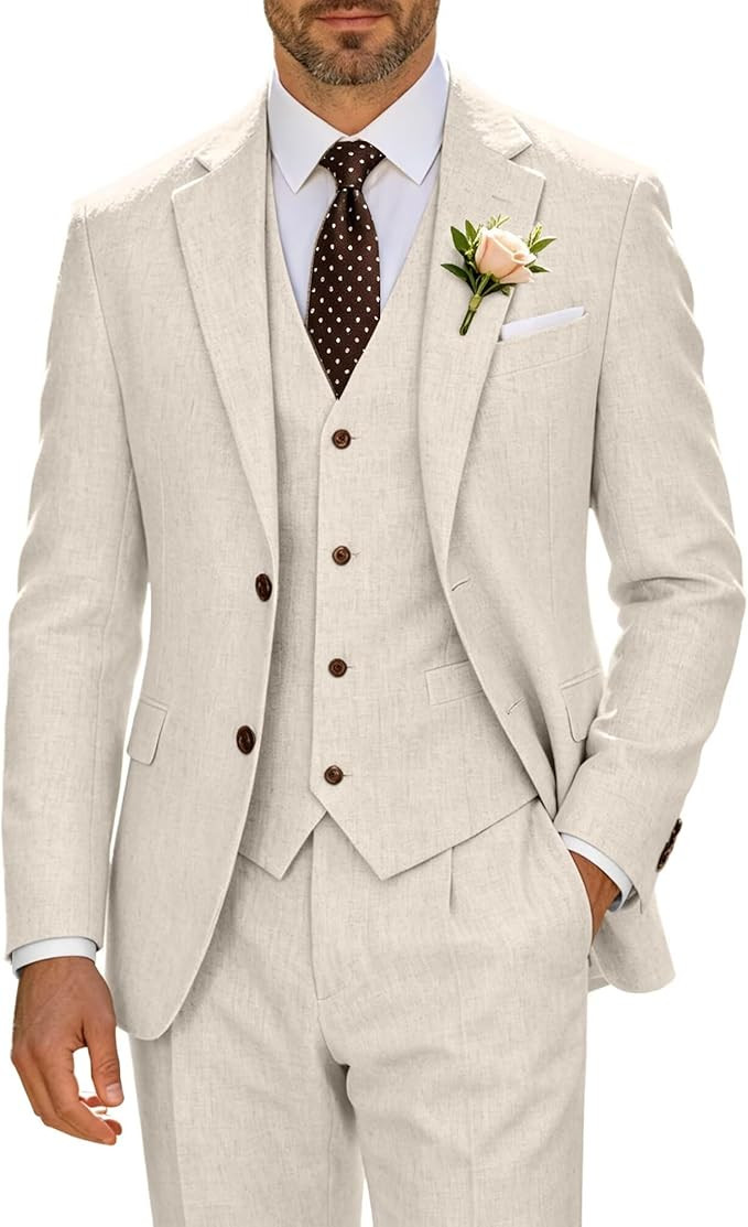 Retro Linen Suit for Men Casual Wedding Suit for Men Slim Fit 3 Pieces Jacket Blazer Vest Pant Gr... | Amazon (US)