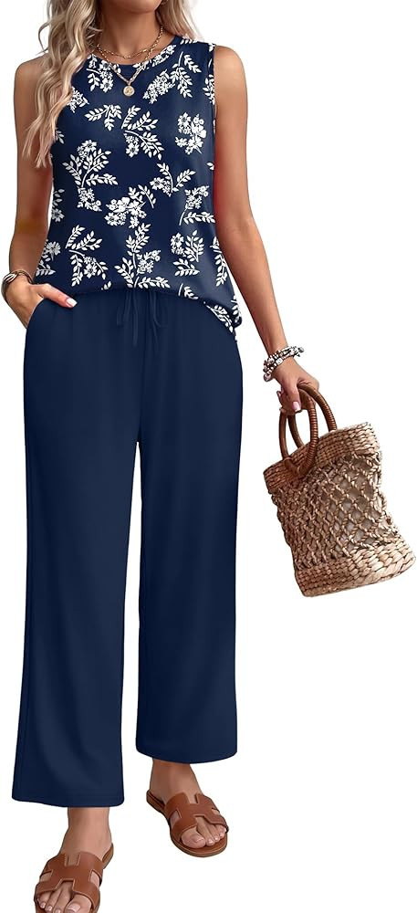 WIHOLL Two Piece Sets for Women Summer Vacation Outfits 2026 Airport Cruise Loose Sleeveless Tops... | Amazon (US)