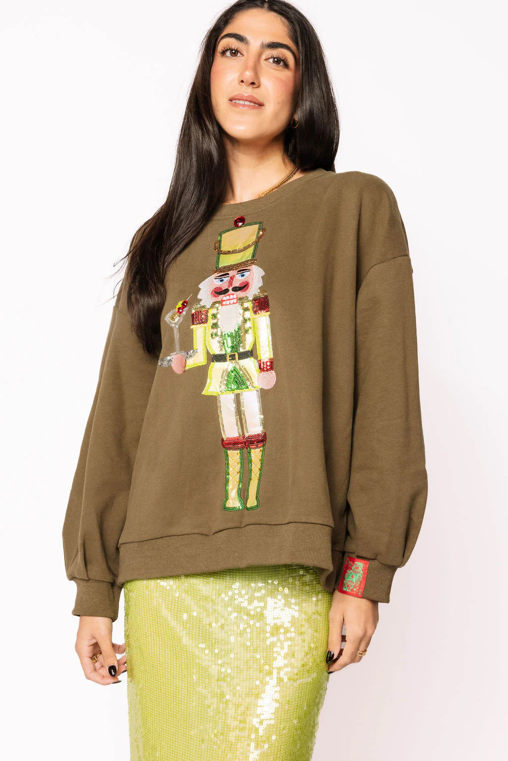Olive Green Martini Server Nutcracker Sweatshirt | Queen of Sparkles