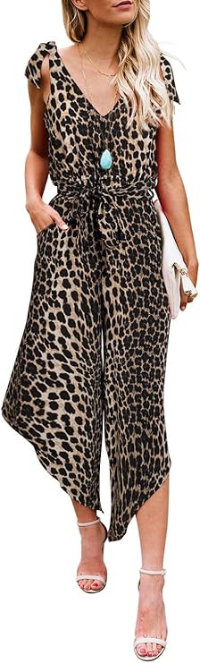 BELONGSCI Women Outfit Sleeveless Shoulder Bandage Waistband Sexy V-Neck Wide Leg Long Jumpsuit w... | Amazon (US)