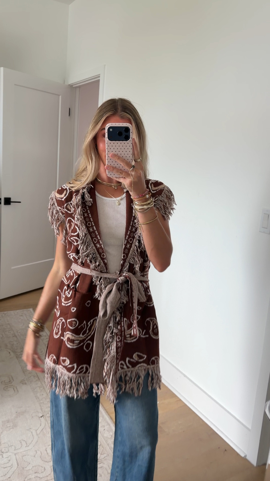 Amazon size small Saodimallsu Womens Sleeveless Long Cardigan Sweaters Fringe Shawl Collar Boho Paisley Wrap Belted Knit Vest with Pockets