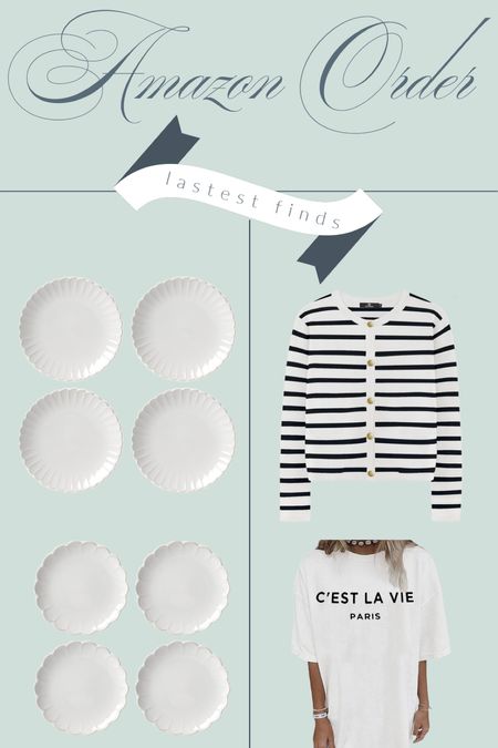 My latest Amazon order! Love these white scalloped dishes. The oversized French tee is fabulous! Size down for a tighter fit. The lady jacket is such a nice piece especially for the price. Order your regular size. 

#LTKFindsUnder50 #LTKHome #LTKStyleTip