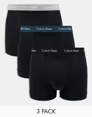 Calvin Klein Cotton Stretch 3 pack trunk in black with grey/teal/black waistbands | ASOS (Global)
