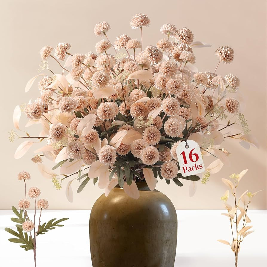 Alupssuc 16PCS Faux Silk Pompon Mums Artificial Flowers with Eucalyptus, Fake Chrysanthemum Flora... | Amazon (US)