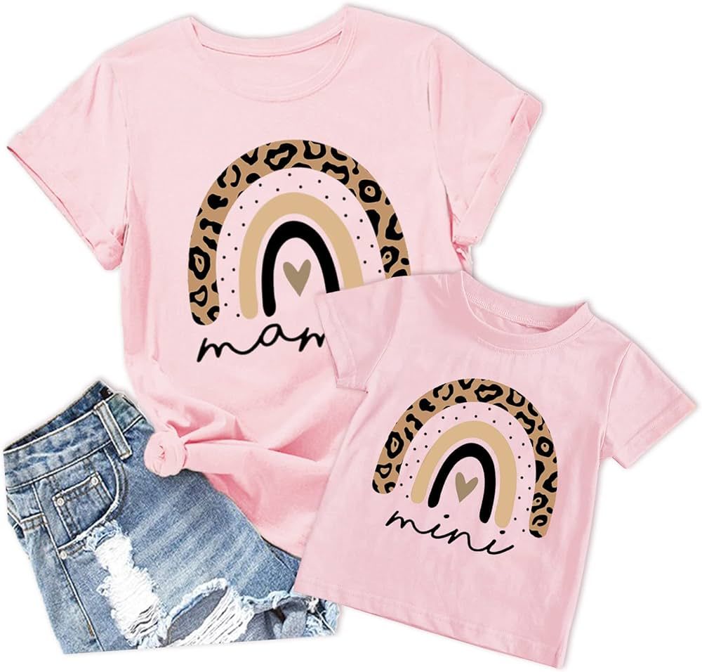 Mama Mini Rainbow Leopard Outfit Letter Graphic Mommy and Me Matching Leopard T-Shirt | Amazon (US)