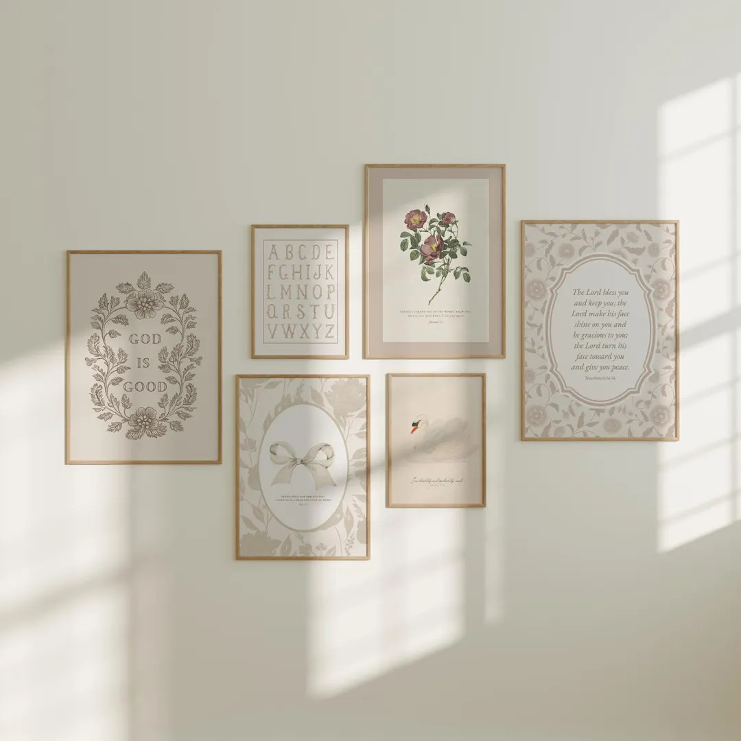 Vintage Floral Girls Room Christian Print Set of 6 Antique Neutral Nursery Decor Elegant Scriptur... | Etsy (US)