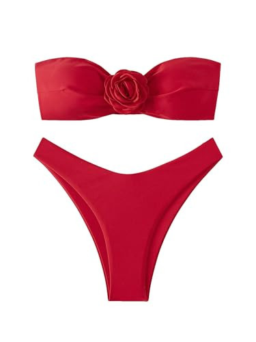 SHENHE Women's 2 Piece Strapless Swimsuit 3D Rose High Cut Flower Bandeau Bikini Red L | Amazon (US)