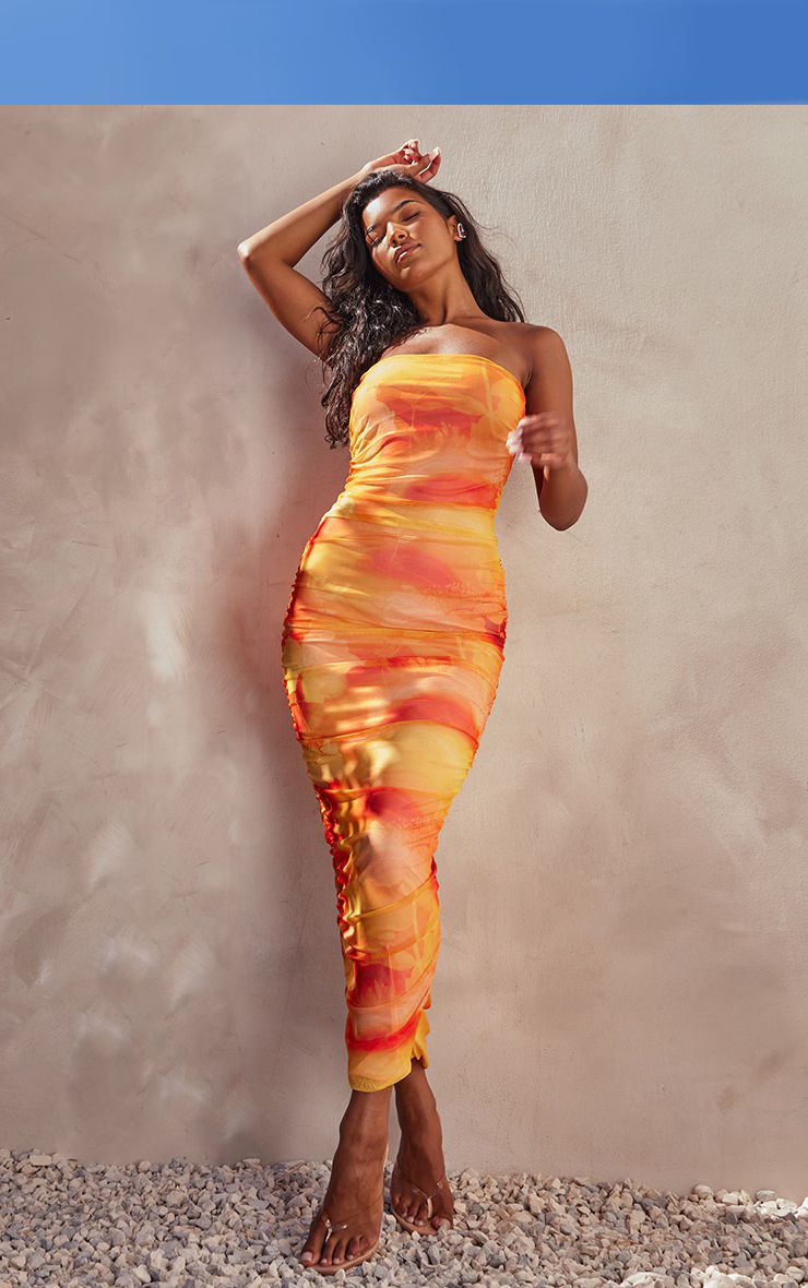 Orange Floral Mesh Bandeau Ruched Maxi Dress | PrettyLittleThing US