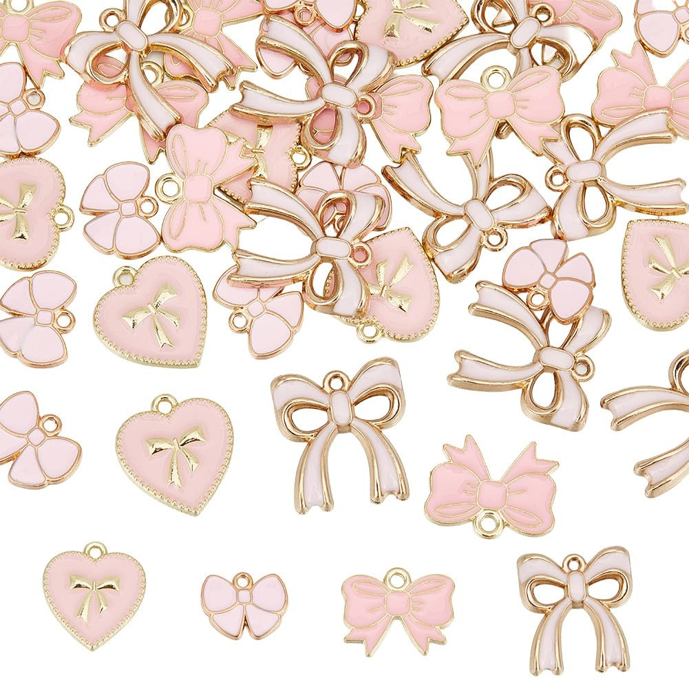 SUNNYCLUE 1 Box 40Pcs 4 Styles Pink Bow Charms Bowknot Charm Alloy Enamel Flat Lolita Cute Gold Bows Tie Heart Charm for Jewelry Making Charms DIY Keychain Bracelet Earrings Necklace Valentine | Amazon (US)