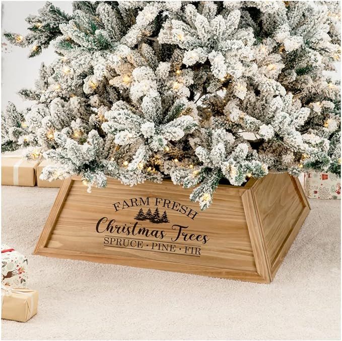 Glitzhome 32" L Natural Wooden Trapezoid Tree Collar, Rustic Christmas Trees Stand Cover Fresh Tr... | Amazon (US)