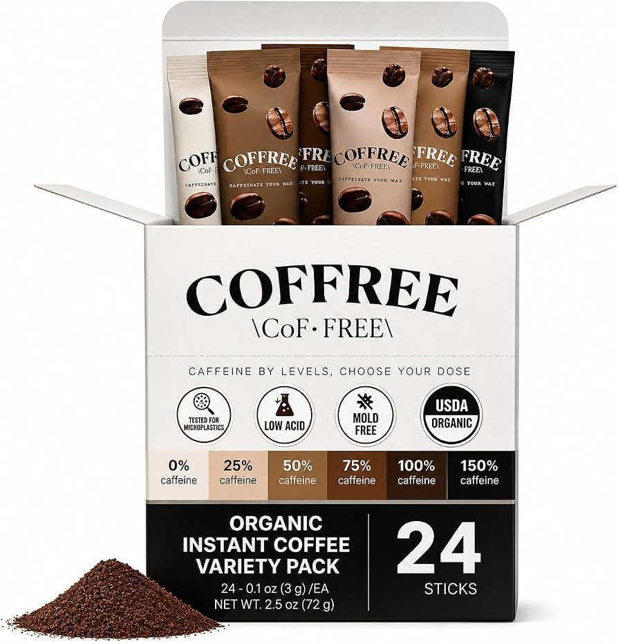 COFFREE Organic Instant Coffee Packets Variety Pack - 0% to 150% Caffeine - Mold Free, Low Acid, ... | Amazon (US)