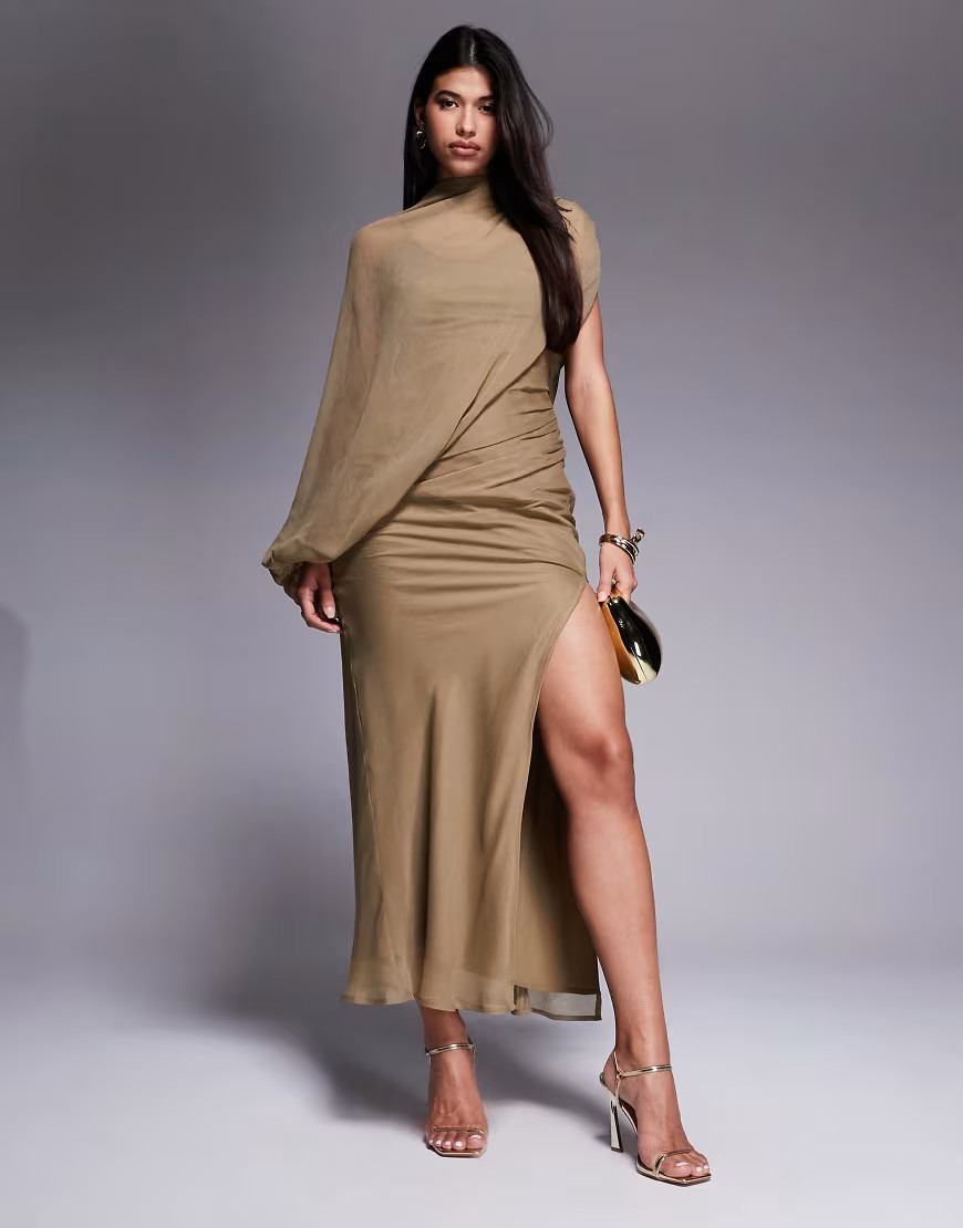 ASOS DESIGN high neck draped asymmetric maxi dress with cut out in taupe-Neutral | ASOS (Global)