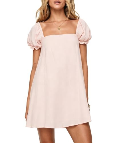 Women Square Neck Babydoll Mini Dress Y2k Puff Sleeve Flowy Dress Pink M | Amazon (US)