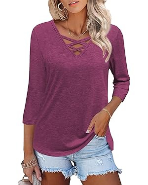 Heymiss Womens Tops 3/4 Sleeve V Neck Shirts Loose Casual Tunic Blouses Criss Cross Summer Tshirt... | Amazon (US)