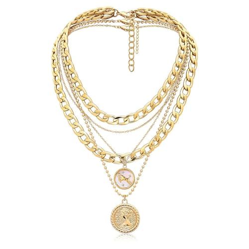 MJartoria Gold Layered Necklaces for Women Trendy Retro Coin Pendant Gold Necklace Dainty Chunky ... | Amazon (US)