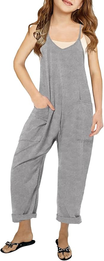 Cnkwei Girls' Casual Sleeveless Jumpsuits Spaghetti Strap Loose Romper Long Pants with Pockets | Amazon (US)