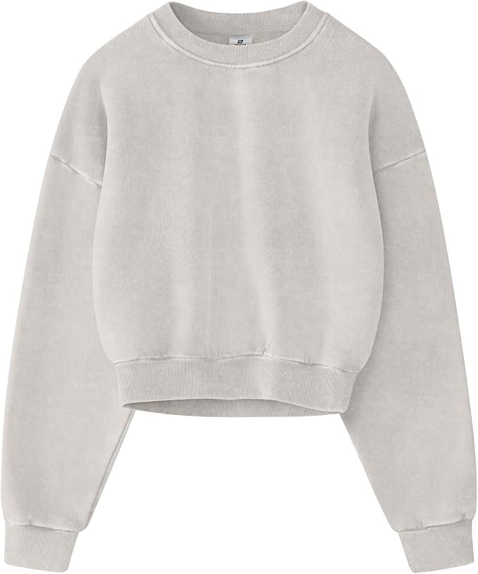 FAIABLE Womens Acid Wash Cropped Crewneck Sweatshirt Oversized Cotton Fleece Heavyweight Vintage ... | Amazon (US)
