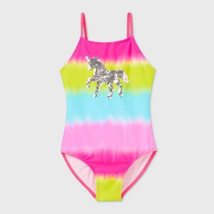 Girls' Tie-Dye Striped Flip Sequin Unicorn One Piece Swimsuit - Cat & Jack™ | Target