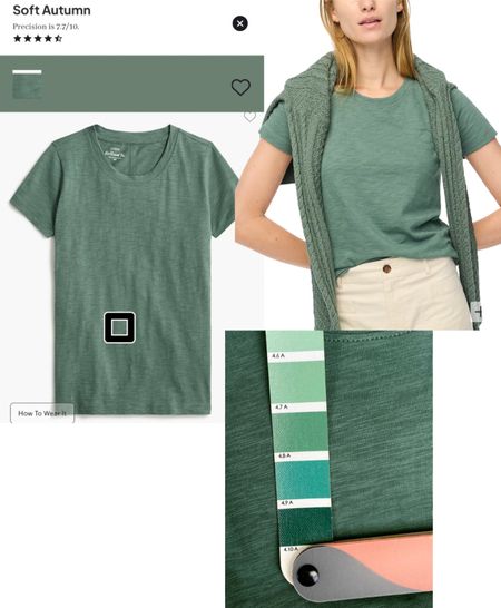 Soft Autumn green crewneck t-shirt from J. Crew Factory

In person, it is similar to 4.10A, but lighter.

#LTKfindsunder50