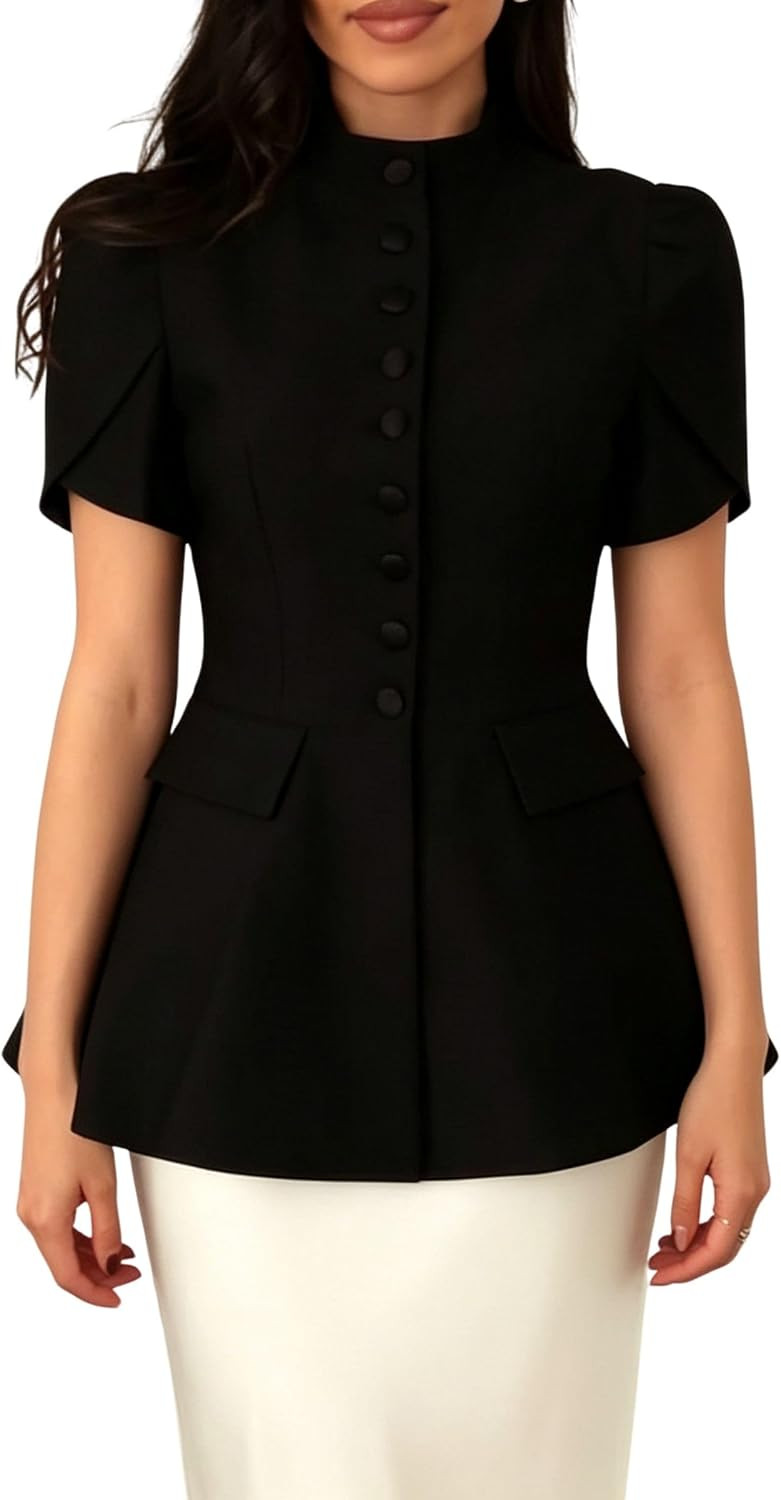 BAIMORE Ruffle Hem Stand Collar Button Short Sleeve Blazer Jacket for Women | Amazon (US)