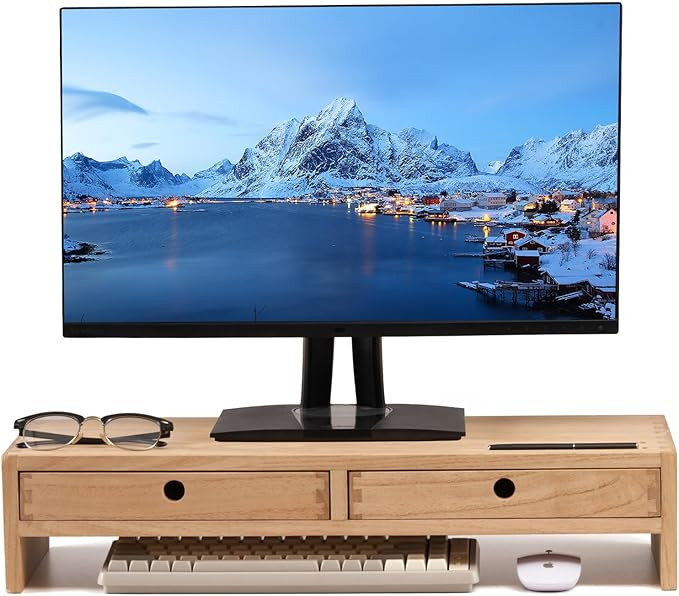 KIRIGEN Wood Monitor Stand with 2 Drawers - Computer Arm Riser Desk Storage Organizer,Speaker TV ... | Amazon (US)