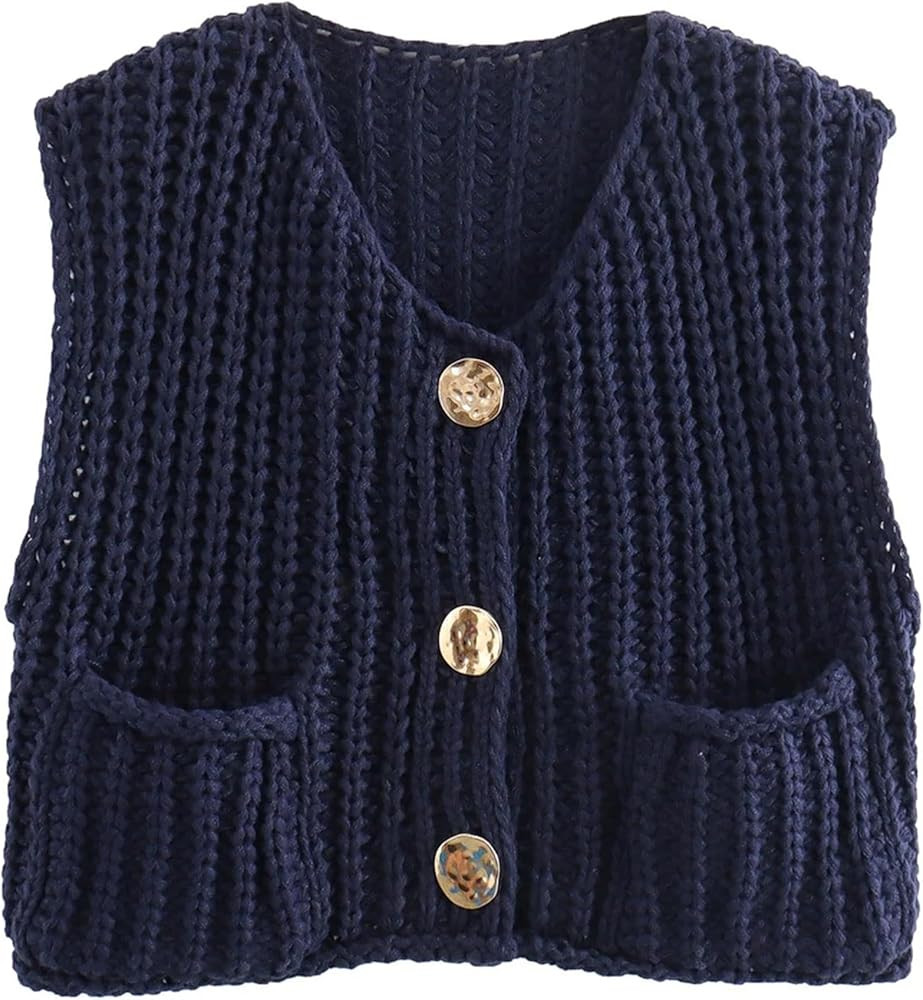 Womens Knit Vest Tops Sleeveless Cropped Chunky Sweater Vests Botton Down Lightweight Cardigan wi... | Amazon (US)