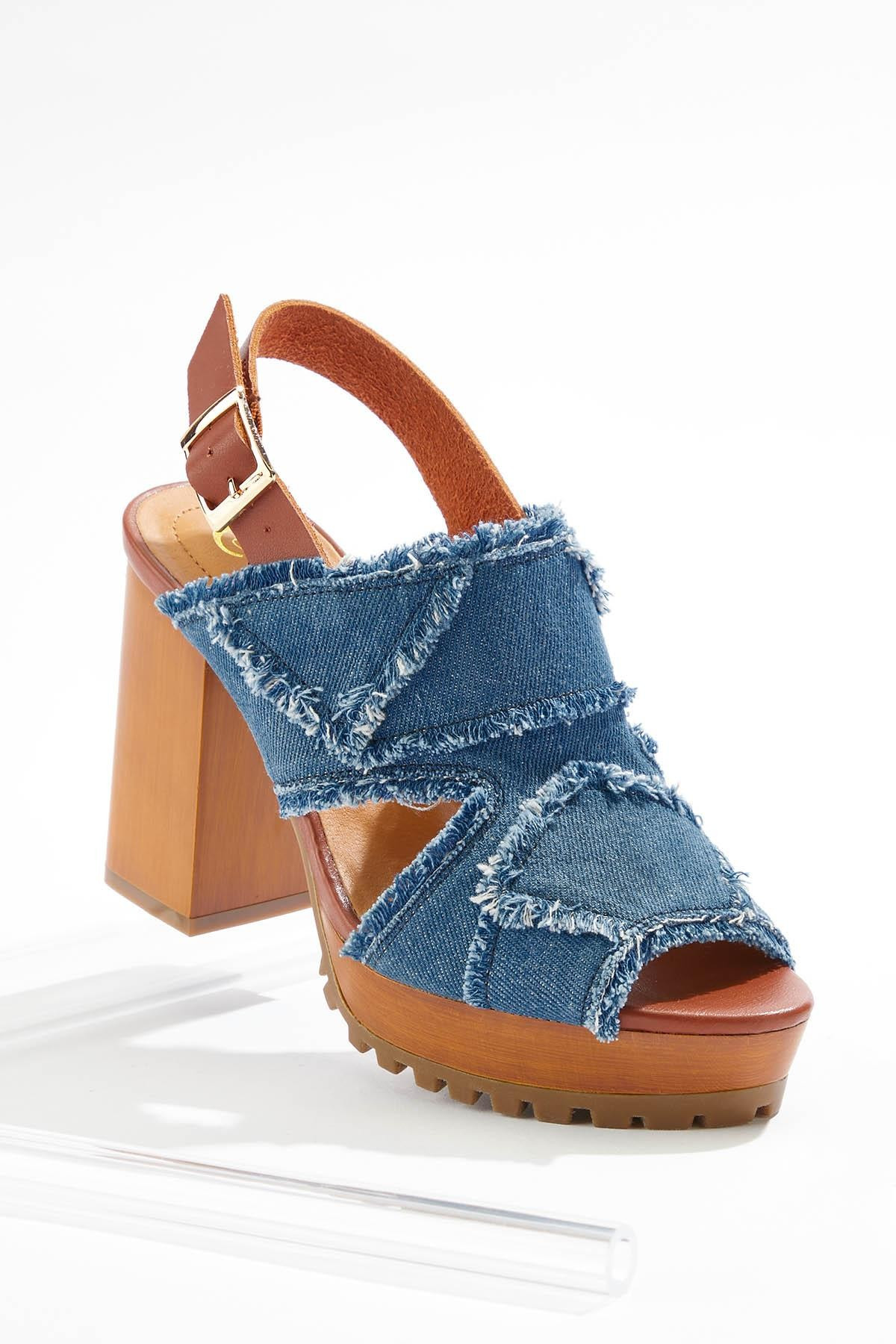 Patchwork Denim Wood Heel Sandals | Cato Fashions