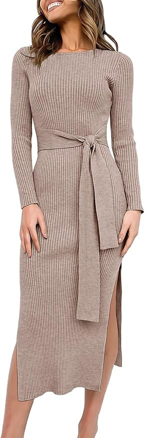 ANRABESS Women's 2023 Fall Elegant Sweater Dress Long Sleeve Crewneck Tie Waist Slim Rib Knit Sli... | Amazon (US)