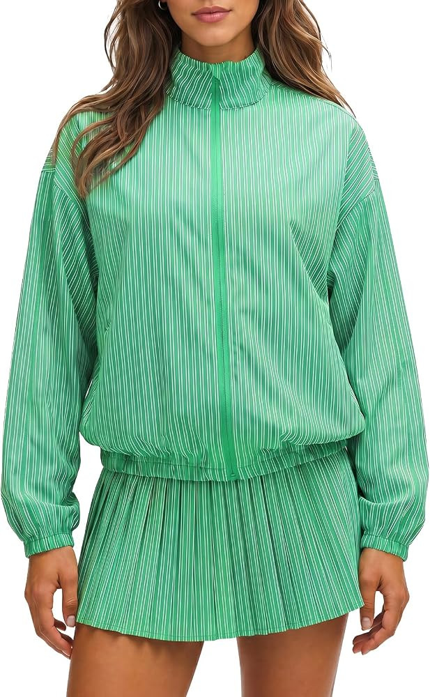Fisoew Womens 2 Piece Striped Outfits Casual Stand Collar Zip Up Jackets Pleated Mini Skirts Tenn... | Amazon (US)