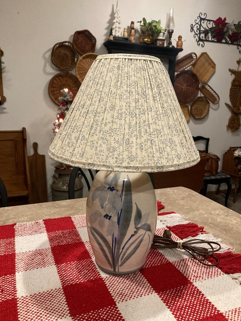 Vintage Ceramic/stoneware Blue and Cream Lamp With Pleated Shade - Etsy | Etsy (US)
