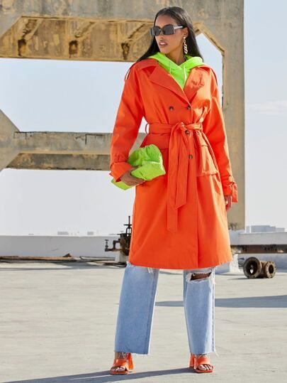 SHEIN Neon Orange Double Breasted Belted Trench Coat | SHEIN