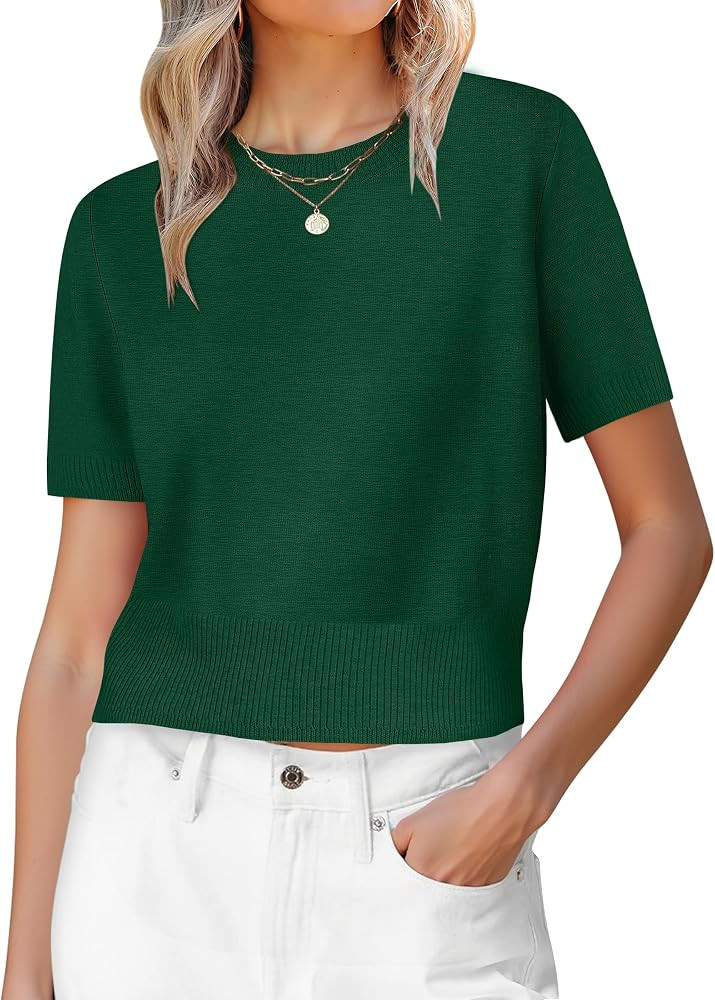 ANRABESS Womens Short Sleeve Sweaters Cropped Crew Neck Business Casual Lightweight Sweater Tops ... | Amazon (US)